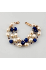 Bracciale a 3 fili Perle di fiume, agata blu zaffiro